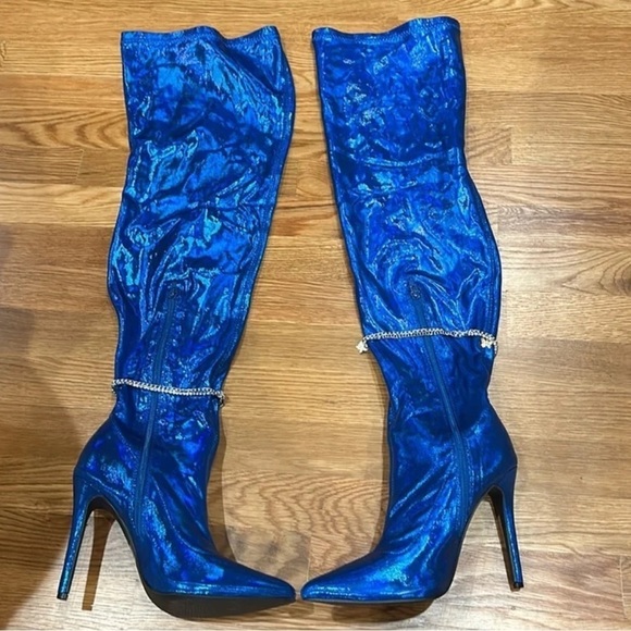 Lady go diva dolls kill thigh high stiletto boots metallic blue silver charm 8.5 - Picture 7 of 10